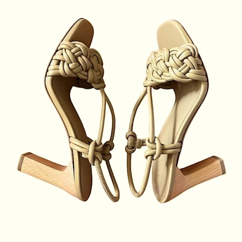 Vince braided leather “Quenelle” slingback heeled strappy sandals in “dune” tan